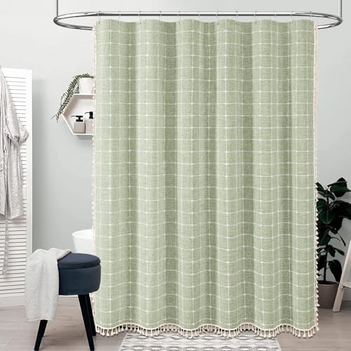 BTTN 108x72 Boho Farmhouse Linen Heavy Duty Shower Curtain Set, Sage Green