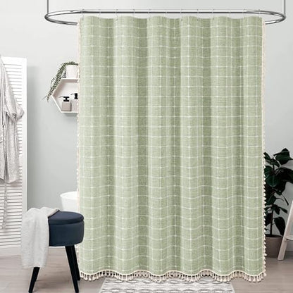 BTTN 108x72 Boho Farmhouse Linen Heavy Duty Shower Curtain Set, Sage Green