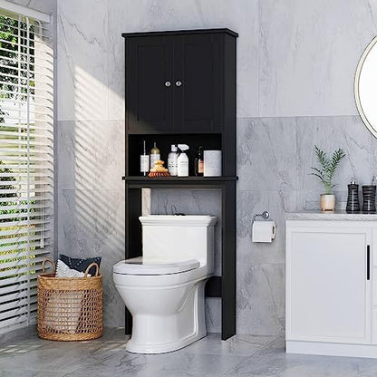 Over The Toilet Storage Cabinet for Bathroom, Black Bathroom Storage Over Toilet, Space Saver W/Adjustable Shelf and Open Shelf, Black