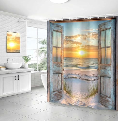 Beach Coastal Shower Curtain, Ocean Barn Door Nautical Sunrise Seaside Seascape Wave Decor Bath Curtains, Rustic Wood Teal Turquoise Bathroom Accessories Fabric Waterproof with Hooks, 72X84in