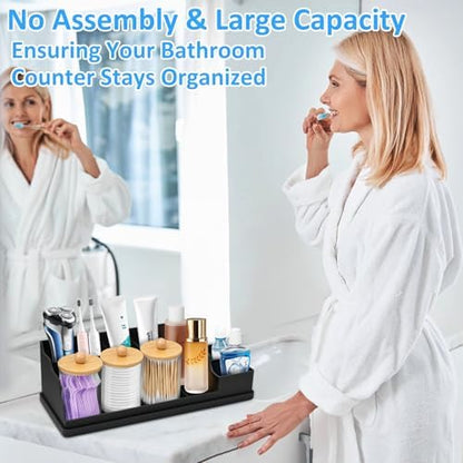 Bathroom Counter Organizer, Black Silicone Toothbrush Holders for Bathrooms Organizer Countertop with 3PCS Qtip Holder, Toothbrush and Toothpaste Holder for Bathroom Organization Storage Vanity