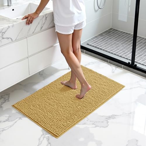 SUBRTEX Bathroom Rugs Chenille Bath Rug, Soft Short Plush Bath Mat, Water Absorbent Shower Mat, Quick Dry Machine Washable(Yellow, 20" x 32")