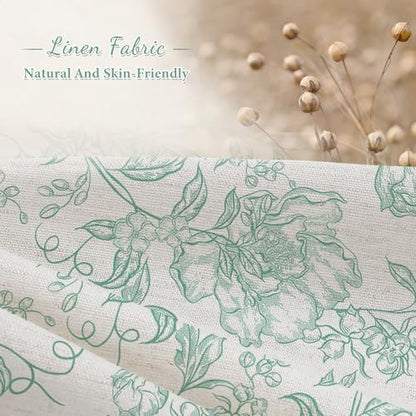 Teal Boho Linen Fabric Shower Curtain , Farmhouse Floral For Bathroom