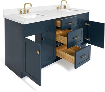 DKB Bradford 72 Inch Bathroom Vanity Double Sink — Midnight Blue Bathroom Vanity with Sink, 1.5" Edge Pure White Quartz Countertop & Backsplash, 4 Soft-Close Doors, and 3 Dovetail Drawers