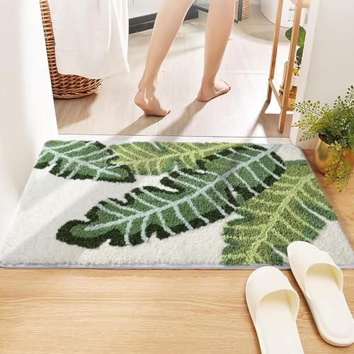 Leaves Bath Mat Green Area Rug Non-Slip Soft Absorbent Bathroom Rugs Machine Washable Bath Rug Floor Carpet Entryway Door Mat for Tub Shower Decor 17.5 X 25.5 Inches