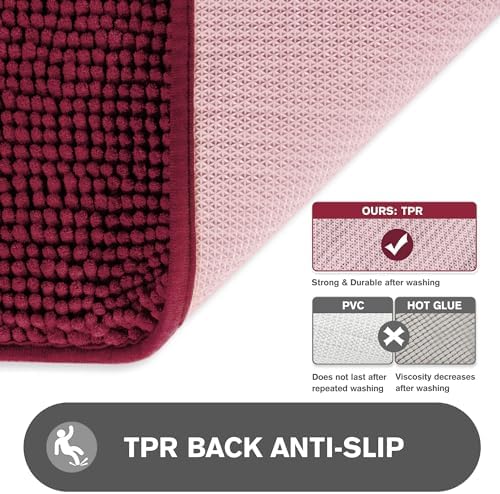 Vivid Burgundy Bathroom Rugs Sets 2 Piece – Absorbent and Washable Bath Mat, Non-Slip, Thick Soft Chenille Bath Rugs for Bathroom Floor, Shower, Sink - 20" x 32"+24" x 36"