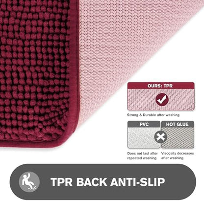Vivid Burgundy Bathroom Rugs Sets 2 Piece – Absorbent and Washable Bath Mat, Non-Slip, Thick Soft Chenille Bath Rugs for Bathroom Floor, Shower, Sink - 17" x 24"+20" x 32"