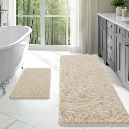 OLANLY Chenille Bathroom Rugs Mats Sets 2 Piece, 47"x20"+24"x16", Sand
