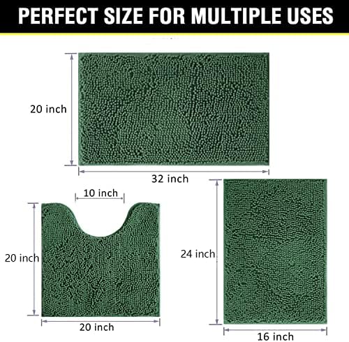 Green Bathroom Rug Chenille 3-Piece Extra Soft and Absorbent Shag Bath Mat Set, Machine Wash Bathroom Rug Set, Strong PVC Non-Slip Underside, Plush Carpet Bath Mat (Dark Green)