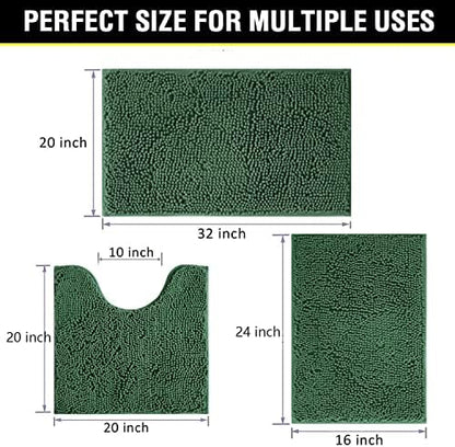 Green Bathroom Rug Chenille 3-Piece Extra Soft and Absorbent Shag Bath Mat Set, Machine Wash Bathroom Rug Set, Strong PVC Non-Slip Underside, Plush Carpet Bath Mat (Dark Green)
