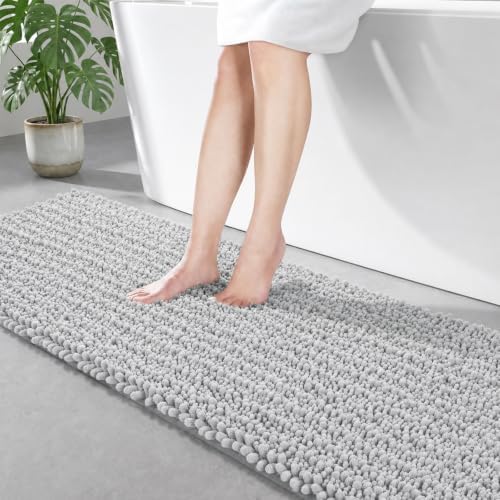 Disolla Silver Bathroom Runner Rug 24x55 Inch - Long Chenille Bath Mat, Extra Soft Shaggy Plush Absorbent Runner, Non-Slip Washable Rug for Tub, Bedside and Kitchen