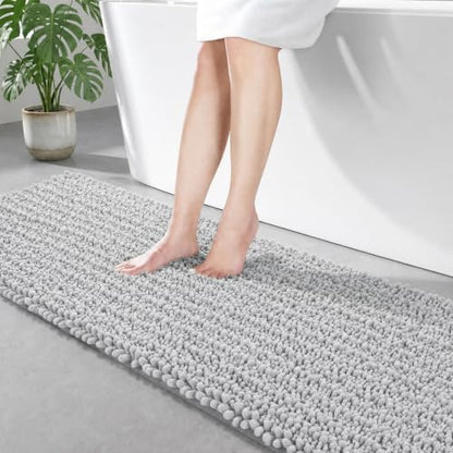 Disolla Silver Bathroom Runner Rug 24x55 Inch - Long Chenille Bath Mat, Extra Soft Shaggy Plush Absorbent Runner, Non-Slip Washable Rug for Tub, Bedside and Kitchen