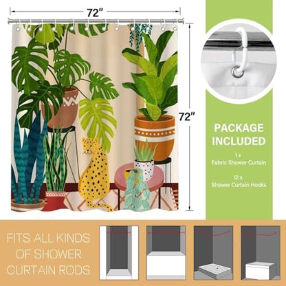 Tropical Boho House Plant Leopard Jungle Shower Curtain 72x72 Inches