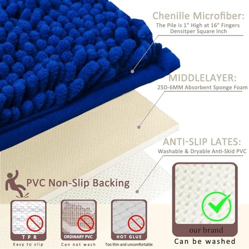 Bathroom Rugs Sets 3 Piece Non Slip,Bath Rugs with PVC Backing Bath Carpet,Bathroom Rug Washable,Absorbent,Plush Carpet Mats,Bath Mats for Bedroom, Kitchen,Tub,Home Decor (Royal)