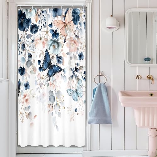 Small Stall Blue Pink RV Narrow Bathroom Shower Curtain Set