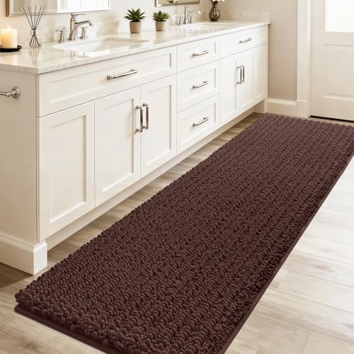 ACCUMTEK Upgrade Luxury Brown Bathroom Rug Mat 48"x17", Ultra Soft Thick Absorbent Bath Mats, Non Slip Chenille Toilet Mat for Bathroom, Bedroom, Kitchen, Shower, Tub