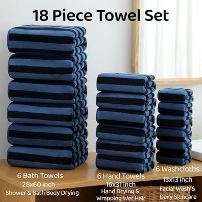 18 Pcs Navy Black Cabana Stripe Bath Towel Set with Hanging Loop-6 Bath Towels,6 Hand Towels,6 Washcloths Soft Microfiber Family Towels Highly Absorbent Shower Towel for Bathroom Beach Spa Gym