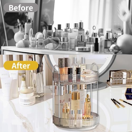 Asayuee 360 Rotating Makeup Organizer for Vanity,Bathroom Countertop Organizer,Spinning Perfume Organizer&Vanity Organizer(Grey-2 Tier)