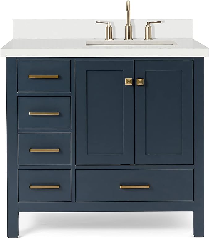 ARIEL Cambridge 36-inch Bathroom Vanity with Sink,Solid Wood, 1.5-inch Pure White Quartz Countertop, Single Rectangular Porcelain Sink, 2 Soft Closing Doors, 5 Dovetail Drawers, Midnight Blue