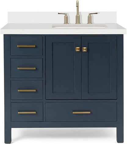 ARIEL Cambridge 36-inch Bathroom Vanity with Sink,Solid Wood, 1.5-inch Pure White Quartz Countertop, Single Rectangular Porcelain Sink, 2 Soft Closing Doors, 5 Dovetail Drawers, Midnight Blue