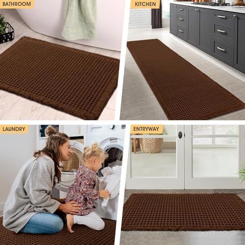 IM HOME Waffle Bath Mat Brown 32"x20", Boho Woven Modern Bath Mat Rugs, Absorbent Non Slip Bathroom Rugs, Soft Washable Bath Rugs with Tassels for Bathroom, Bedroom, Kitchen, Shower, Tub