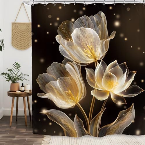 Lotus Tulip Black Gold Shower Curtain 60Wx72L Inch Flower Botanical Blossom Plant Beautiful Bathroom Set Accessories Decor with 12 Pack Hooks