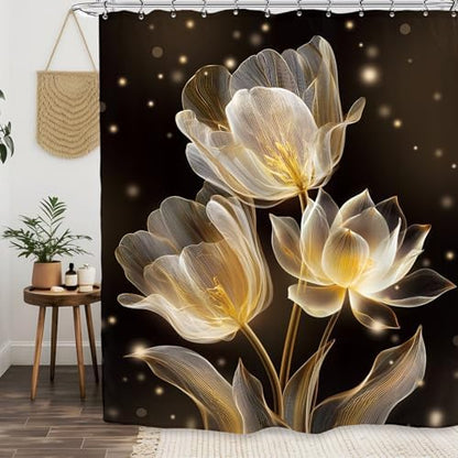 Lotus Tulip Black Gold Shower Curtain 60Wx72L Inch Flower Botanical Blossom Plant Beautiful Bathroom Set Accessories Decor with 12 Pack Hooks