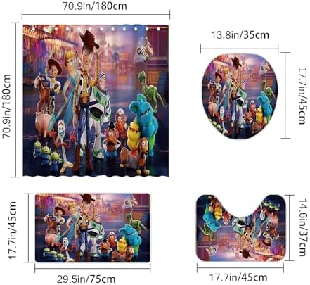 Cute Cartoon Shower Curtain Set 4 Piece with Non-Slip Rugs, Toilet Lid Cover and Bath Mat Cartoon Bathroom Decor 72 x 72inch (Toy)