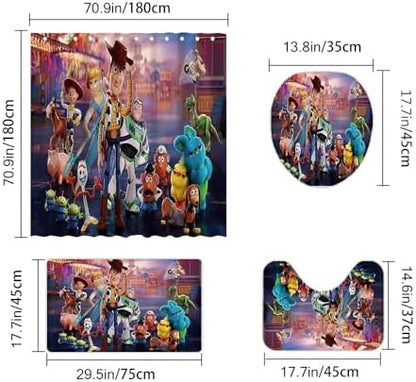 Cute Cartoon Shower Curtain Set 4 Piece with Non-Slip Rugs, Toilet Lid Cover and Bath Mat Cartoon Bathroom Decor 72 x 72inch (Toy)