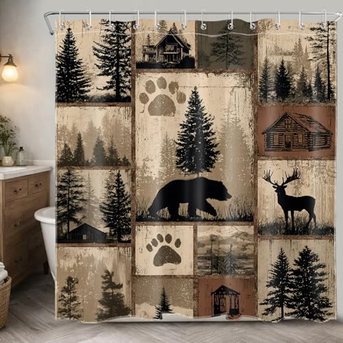 Rustic Cabin Lodge Bear Shower Curtain, Brown Forest, 72x72 inch