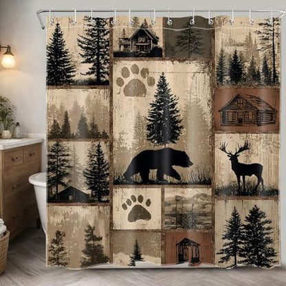 Rustic Cabin Lodge Bear Shower Curtain, Brown Forest, 72x72 inch