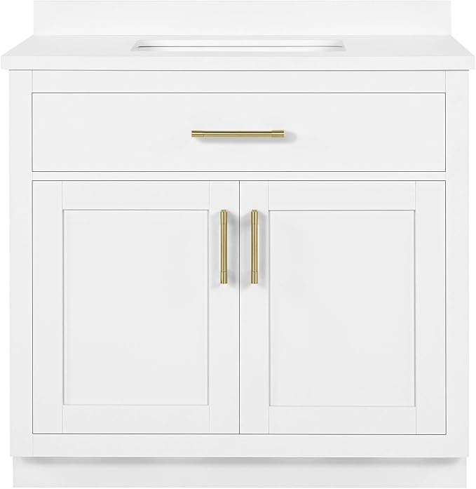 OVE Decors Bailey 36 in. Single Sink Freestanding White Bathroom Vanity with White Quartz Top, Matching Backsplash and Brushed Gold Hardware