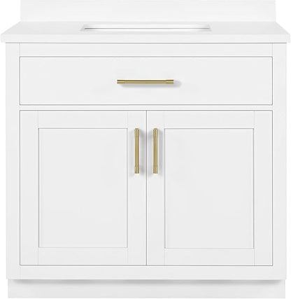 OVE Decors Bailey 36 in. Single Sink Freestanding White Bathroom Vanity with White Quartz Top, Matching Backsplash and Brushed Gold Hardware