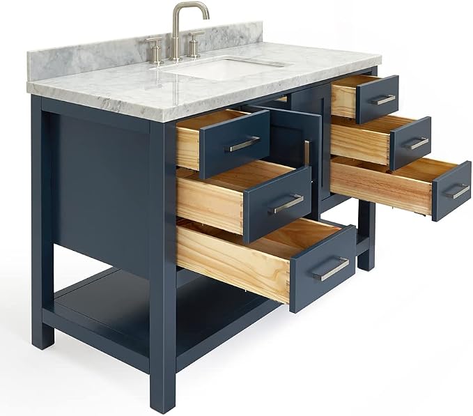 Olivia 48" Midnight Blue Bathroom Vanity with Sink, 1.5" Italian Carrara Marble Countertop, Rectangular Undermount Sink, 2 Soft Closing Doors, 6 Dovetail Drawers, Brushed Nickel