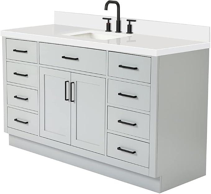 ARIEL Hepburn 60-inch Bathroom Vanity with Sink,Solid Wood, 1.5-inch Pure White Quartz Countertop & Backsplash, Single Rectangular Porcelain Sink, 2 Soft Closing Doors, 9 Dovetail Drawers, Grey