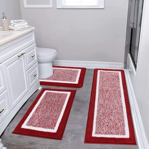 Pauwer Bathroom Rugs 3 Piece Set, Non Slip Washable Bath Mat, Red