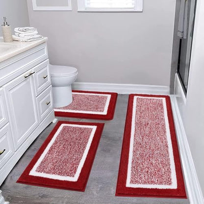 Pauwer Bathroom Rugs 3 Piece Set, Non Slip Washable Bath Mat, Red