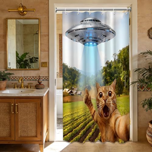 Small Stall Shower Curtain Rv Funny Cat UFO, 36 x 72 Inchs