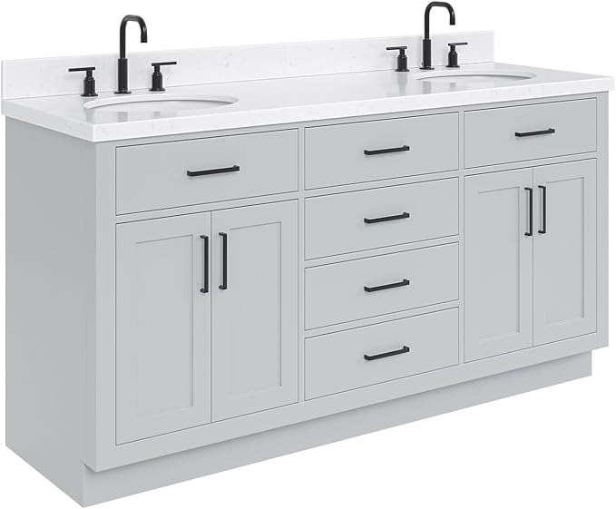 ARIEL Hepburn 66-inch Bathroom Vanity with Sink,Solid Wood, 1.5-inch Carrara White Quartz Countertop & Backsplash, Double Oval Porcelain Sink, 4 Soft Closing Doors, 6 Dovetail Drawers, Grey