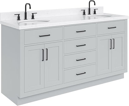 ARIEL Hepburn 66-inch Bathroom Vanity with Sink,Solid Wood, 1.5-inch Carrara White Quartz Countertop & Backsplash, Double Oval Porcelain Sink, 4 Soft Closing Doors, 6 Dovetail Drawers, Grey