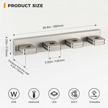 Modern Bathroom Vanity Light Fixture, 5CCT Dimmable LED Wall Sconce, Brushed Nickel Vanity Lights for Mirror, 4-Light Acrylic Bathroom Light Fixtures Over Sink, Indoor Restroom