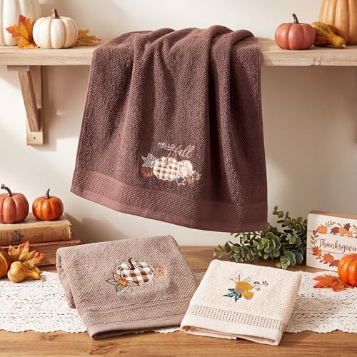 Peryiter 3 Pack Plaid Autumn Pumpkin Decorative Bath Towel Set
