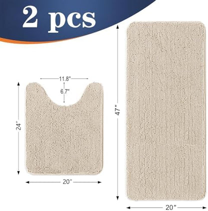 OLANLY Chenille Bathroom Rugs Mats Sets 2 Piece, 47"x20"+24"x20", Sand