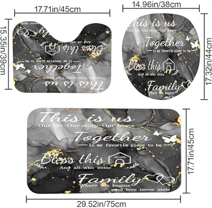 4Pcs Family Marble Shower Curtain Sets with Rugs