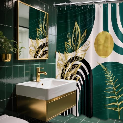 Emerald Green and Gold Shower Curtain, 72x72 in, Mid Century Modern