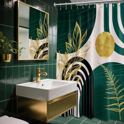 Emerald Green and Gold Shower Curtain, 72x72 in, Mid Century Modern