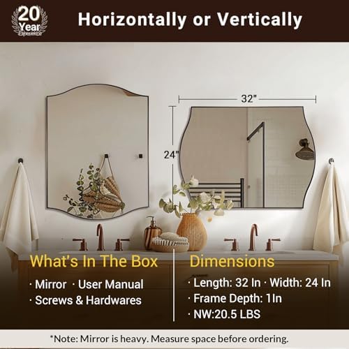 ANDY STAR 24"x32" Bronze Bathroom Mirror, Rectangle Scalloped Wall Mirror in Stainless Steel Metal Frame, Modern Brushed Bronze Finish with Curved Edge Design, Wall-Mount Mirror for Bathroom, Entryway