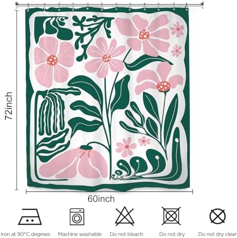 Abstract Flower Matisse Shower Curtain 60Wx72L Inch Pink Green Plant Minimalist Contemporary Retro Art Groovy Modern Bathroom Set Accessories Decor with 12 Pack Hooks