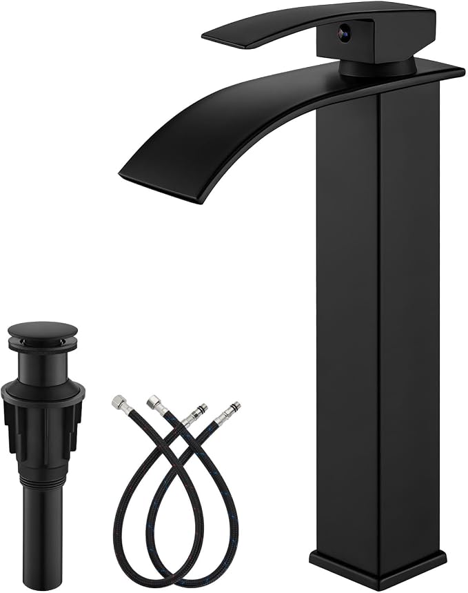 gotonovo Modern Waterfall Tall Bathroom Faucet 1 Hole, Matte Black | Vessel Sink Faucet Single Handle 304 Stainless Steel,Pop Up Drain,24" cUPC Supply Line,for Lavatory Vanity Restroom Basin RV