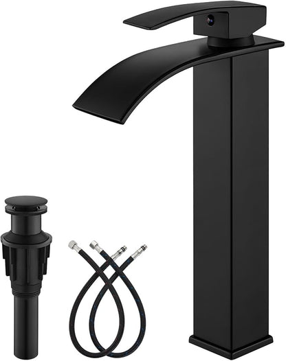gotonovo Modern Waterfall Tall Bathroom Faucet 1 Hole, Matte Black | Vessel Sink Faucet Single Handle 304 Stainless Steel,Pop Up Drain,24" cUPC Supply Line,for Lavatory Vanity Restroom Basin RV